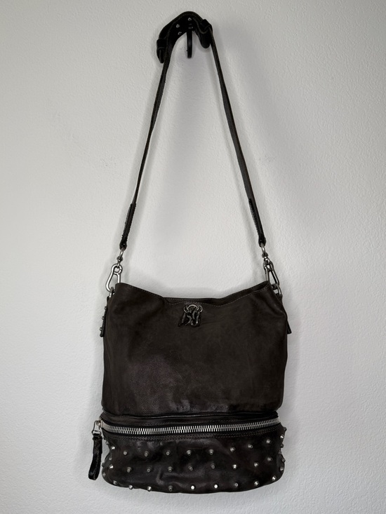 A.S.98 Handbags - A.S.98 Studded Leather Bucket Bag Gray Brown Distressed Zipper Compartment